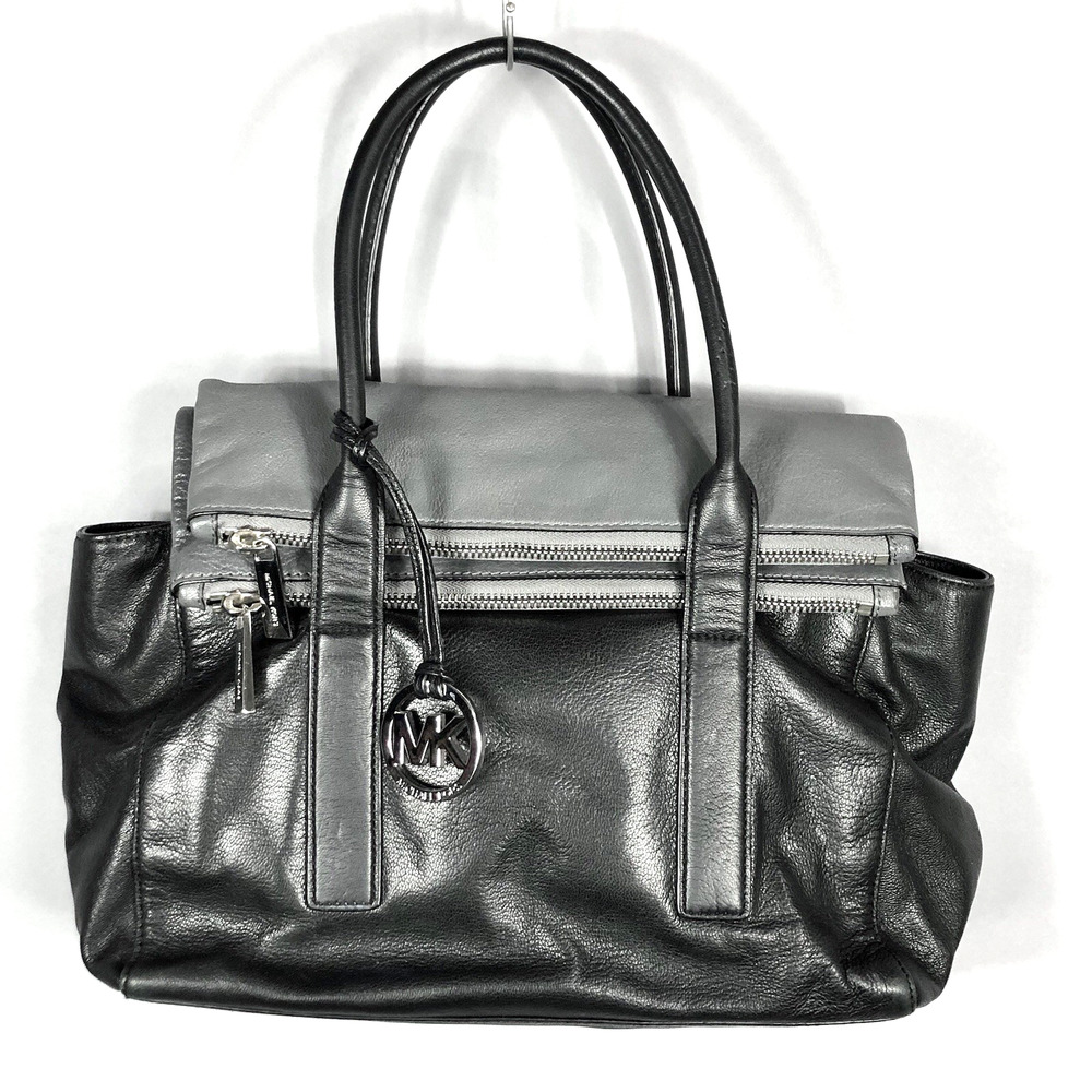 Michael Kors Tippi Fold Over Satchel Shoulder Leather Hand Bag Black Gray Zip